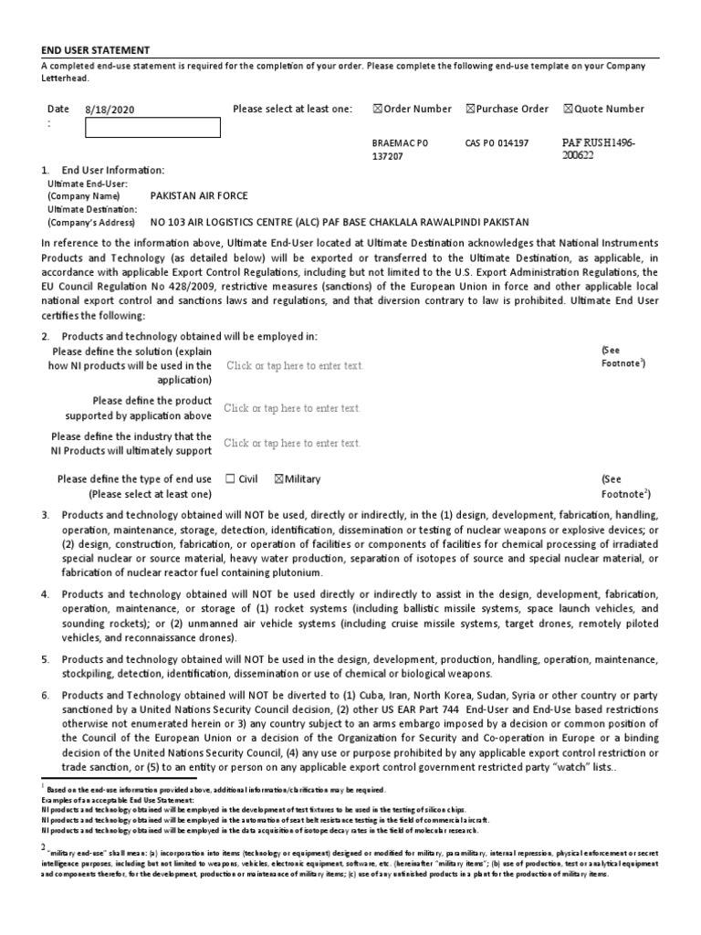 End-Use Statement for Military Exports | PDF | Nuclear Weapons ...