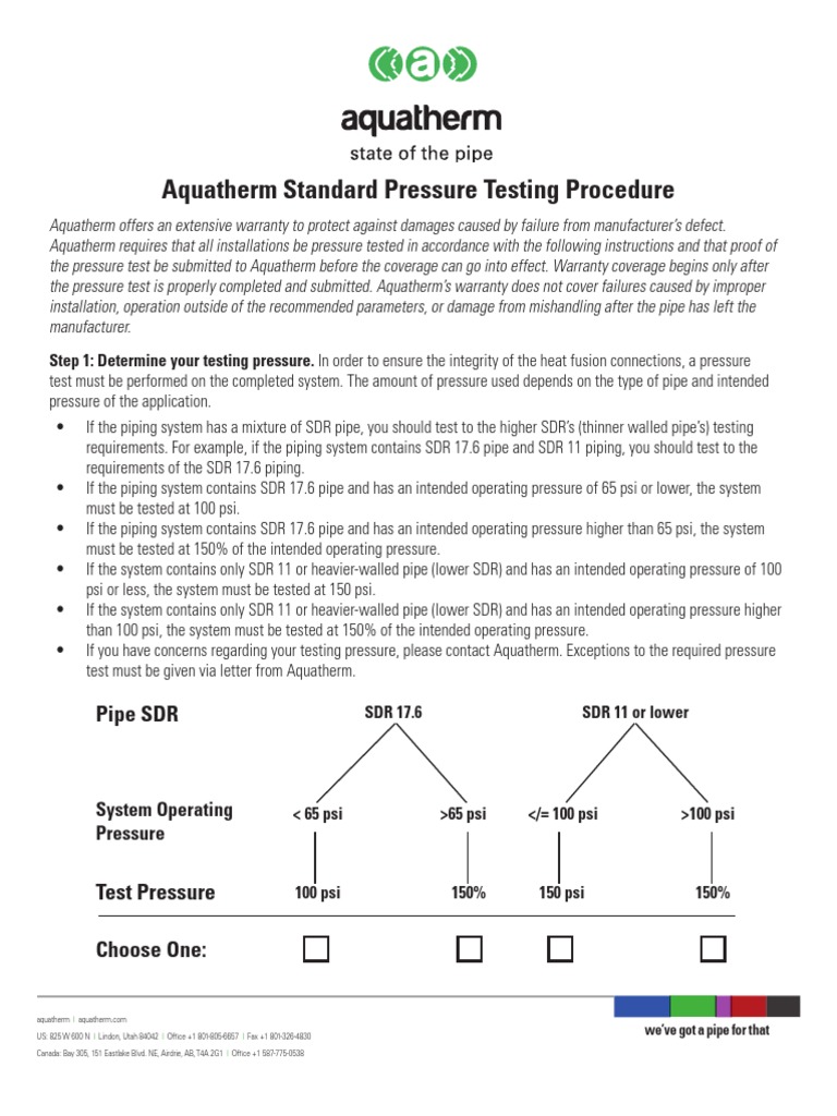 Aquatherm Standard Pressure Testing Procedure Pipe Sdr Pdf Pipe