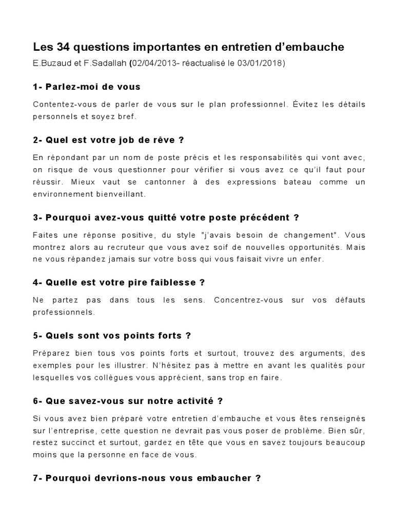 Question Réponse Entretien D embauche Aide Soignante 34 Questions en Entretien | PDF | Entretien d'embauche