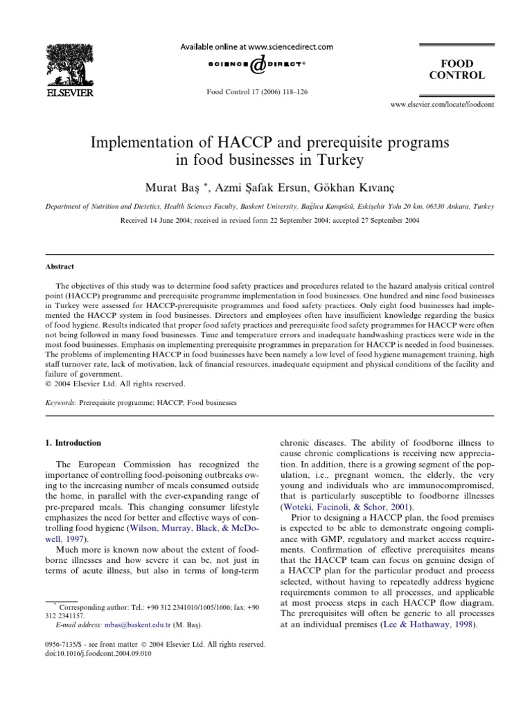HACCP Implementation in Turkish Food Businesses | PDF | Food Safety ...
