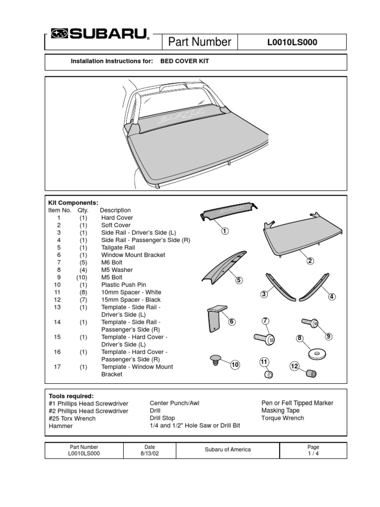 2003 Subaru Baja Bed Cover Kit Installation Drill Screw