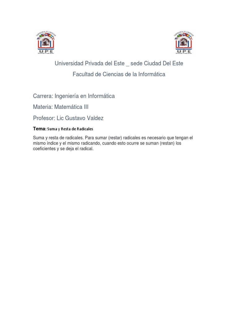 Suma Y Resta De Radicales Pdf