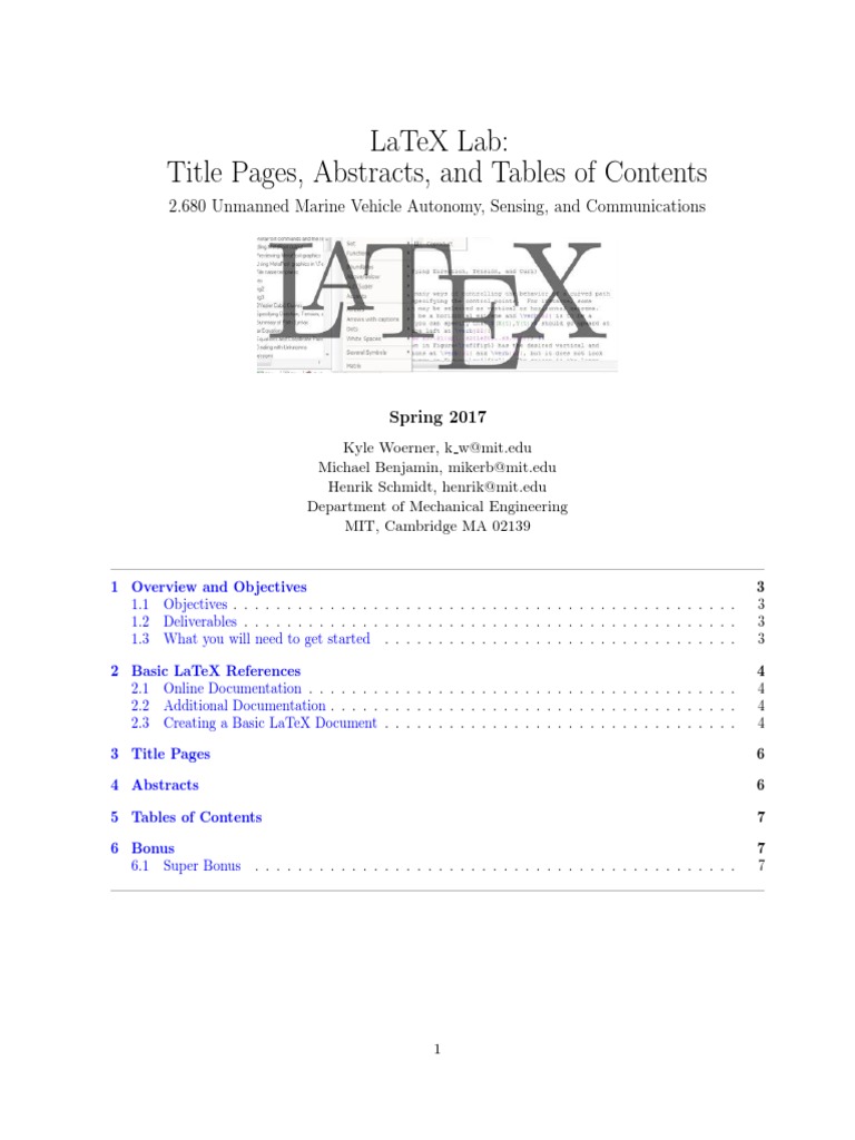 Title Pages Abstracts and Table of Contents in Latex PDF