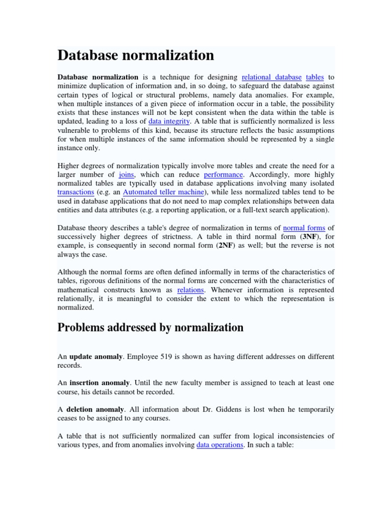Database Normalization: Problems Addressed by Normalization | PDF