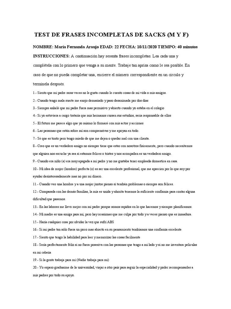 TEST DE FRASES INCOMPLETAS DE SACKS | PDF