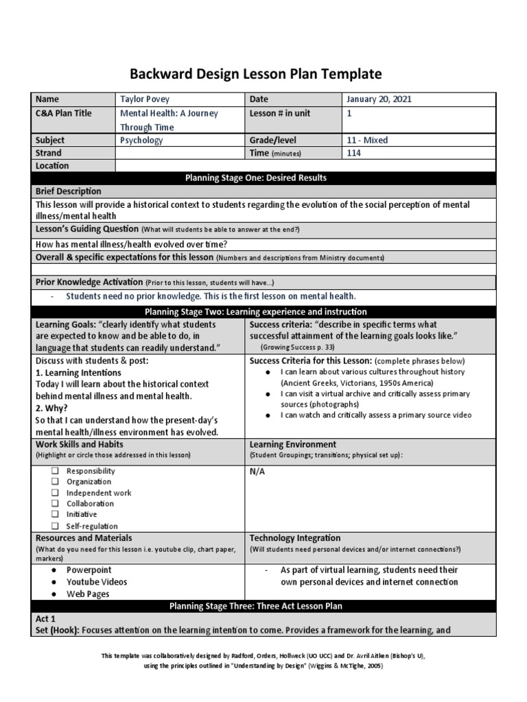 Backward Design Lesson Plan Mental Health - A Journey Through Time 