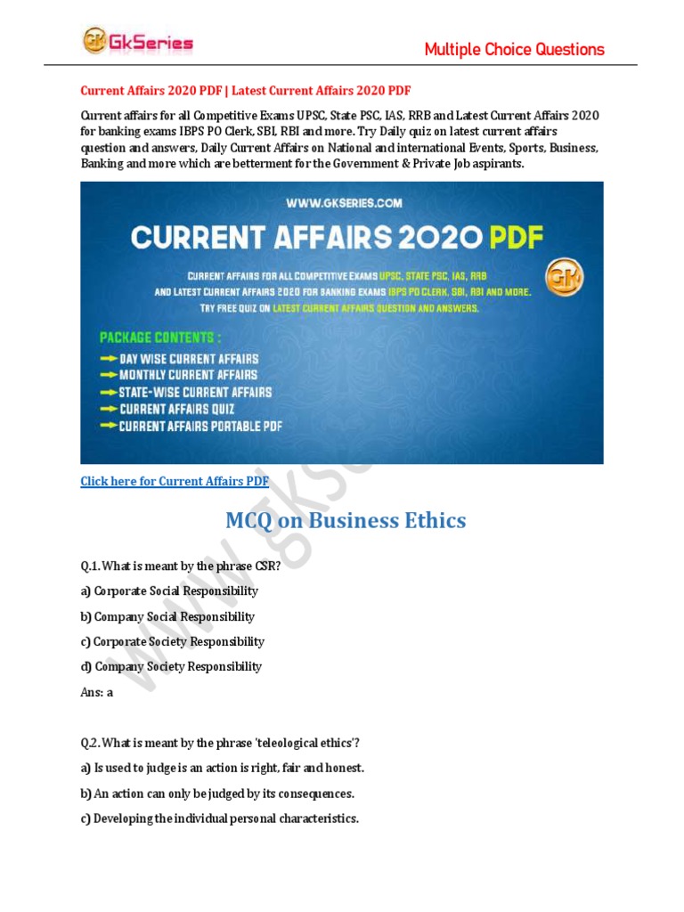 MCQ On Business Ethics Multiple Choice Questions PDF Corporate