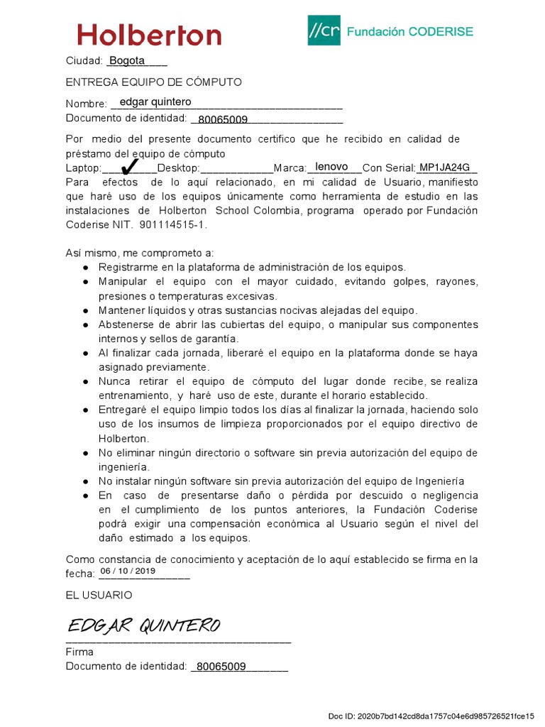 Computer Borrow Agreement PDF Ciencias de la Computación Edad de