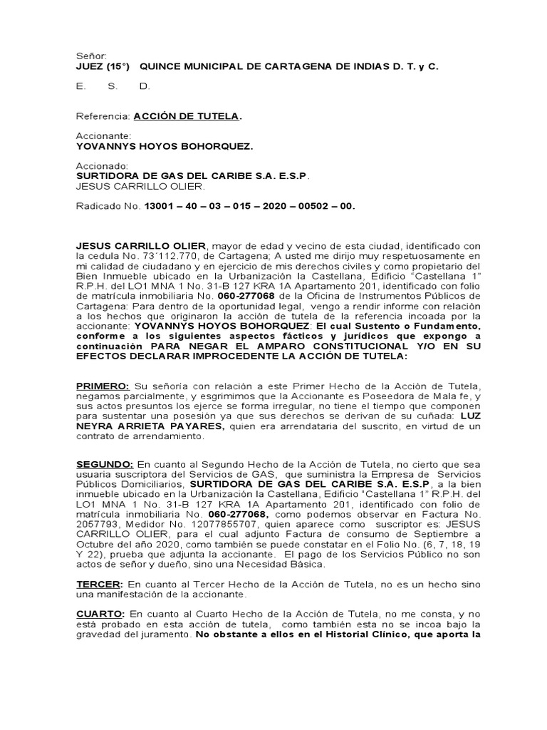 CONTESTACIÓN DE ACCION TUTELA - JESUS CARRILLO OLEIR, accionante ...