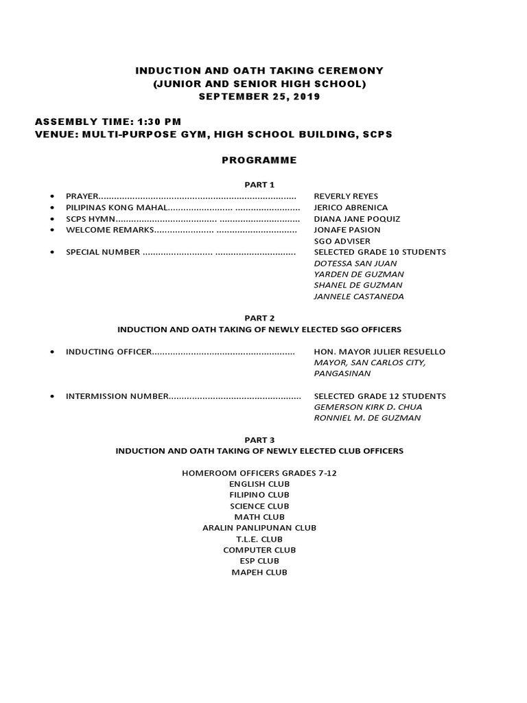 Induction And Oath Taking Ceremony Program Flow Pdf Educational Stages Students
