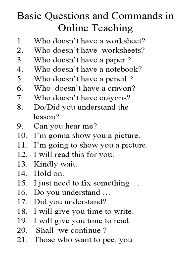 Basic Questions and Commands in Online Teaching | PDF | Home & Garden
