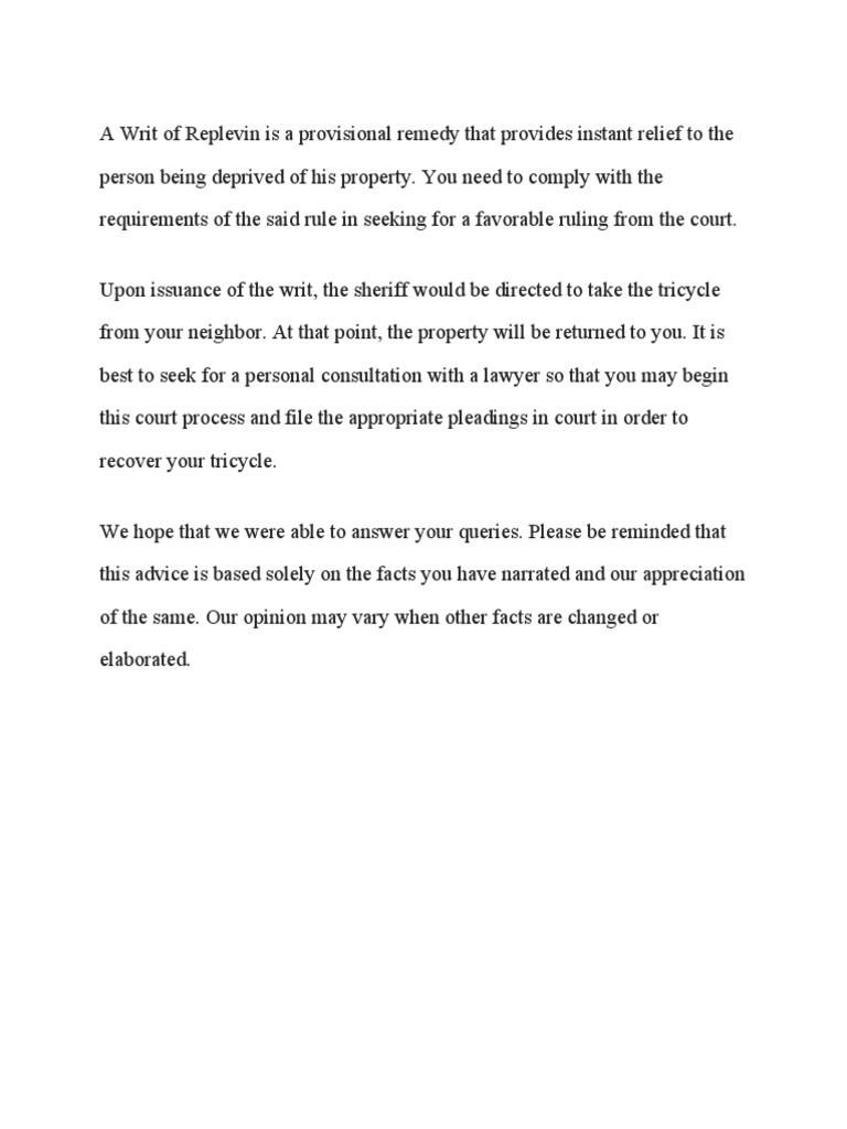 Writ of Replevin | PDF | Law