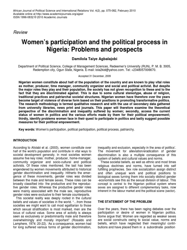 Women's Participation and The Political Process in Nigeria: Problems ...
