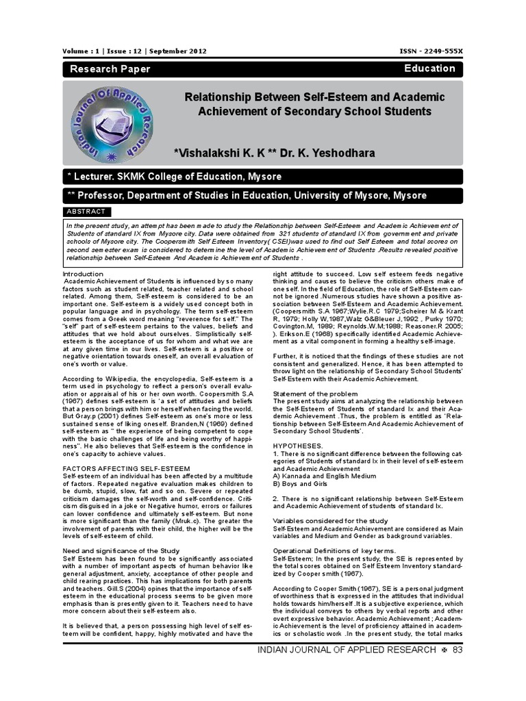 Relationship Between Self-Esteem and Academic Achievement of Secondary ...