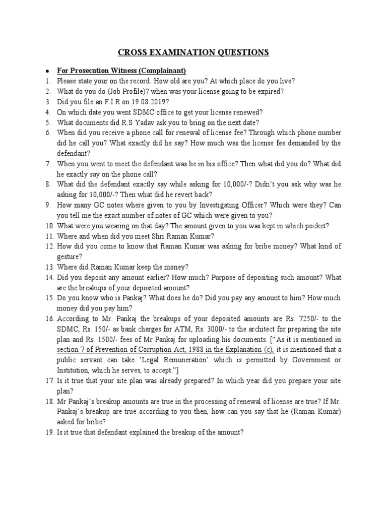 Cross Examination Questions PDF