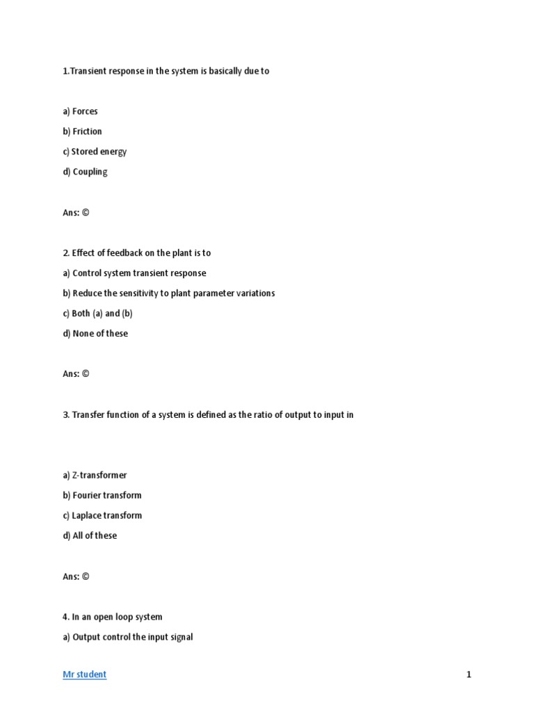 Control Systems Engineering MCQ PDF Control Theory Electric Motor
