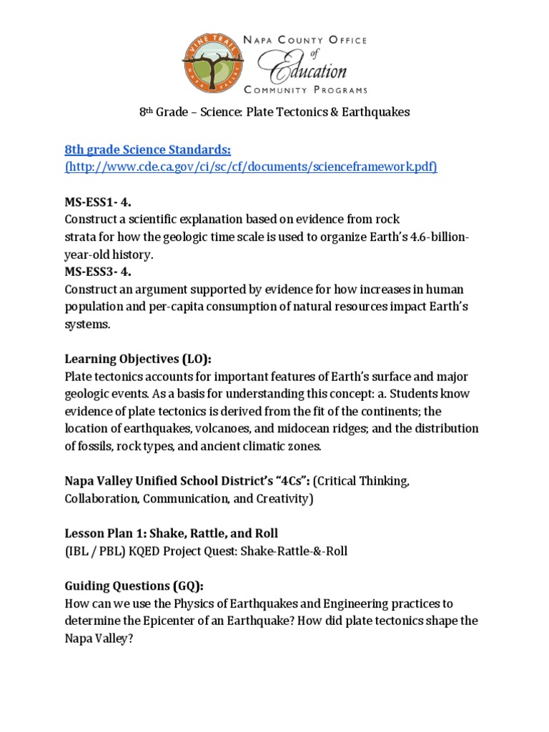 8th Grade Lesson 1 Tectonic Plates Earthquakes PDF Earthquakes