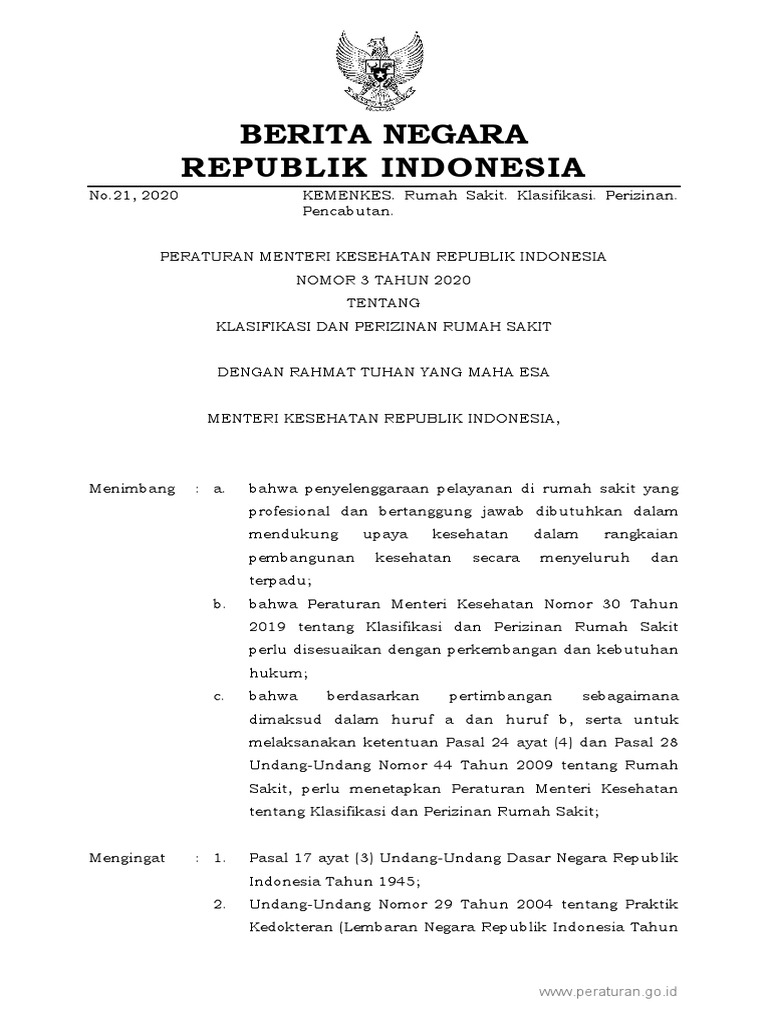PMK No. 3 TH 2020 - Tentang Klasifikasi Dan Perizinan Rumah Sakit | PDF