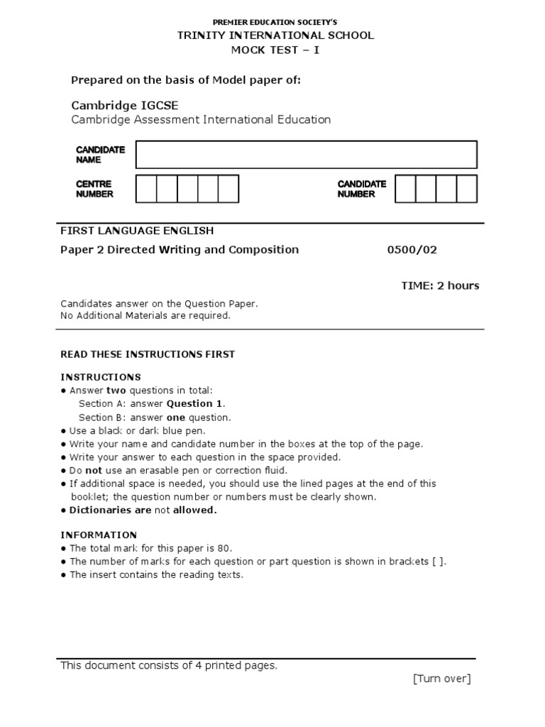 IGCSE English Mock Test Paper 2 | PDF | Teachers
