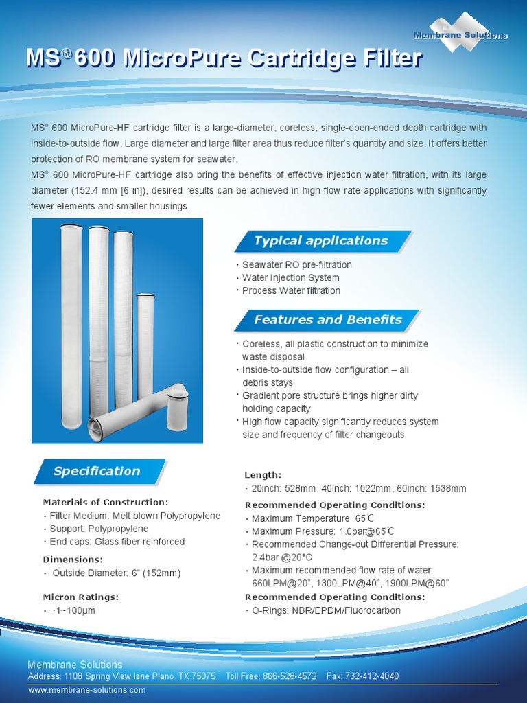MS 600 MicroPure Cartridge Filter Specs | PDF | Filtration | Flow ...