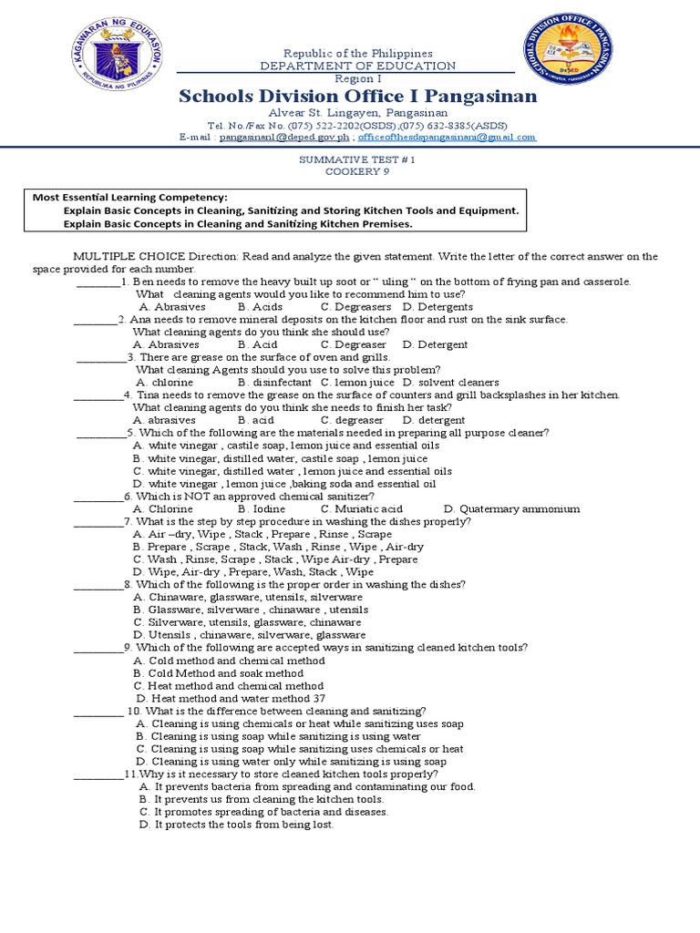 Cleaning Agents for Common Kitchen Messes and Proper Storage and Handling of Kitchen Tools PDF