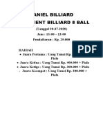 Daniel Billiard Turnament Billiard 8 Ball: (Tanggal 20-07-2020) Jam: 13:00 - 23:00 Pendaftaran: Rp. 25.000