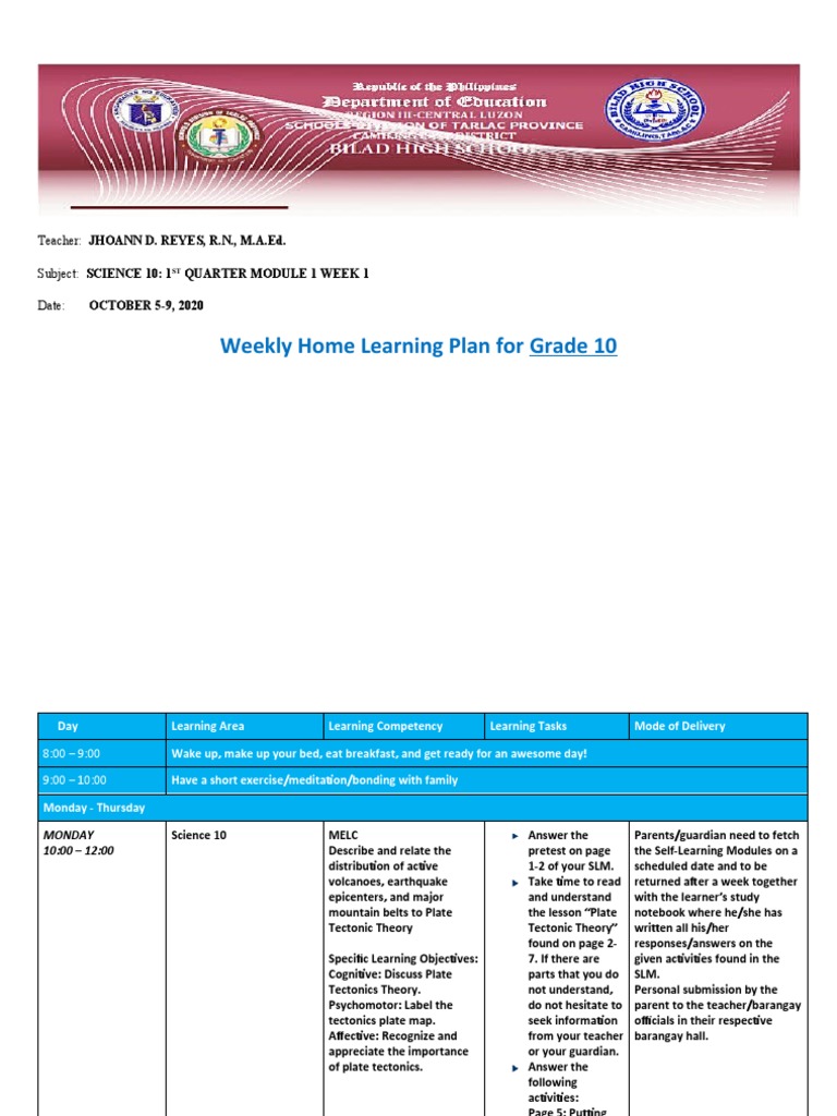 Grade 10 Science Home Learning Plan | PDF | Human Nature | Learning