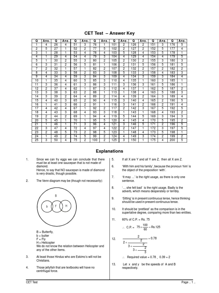 CET Test Questions Answer Sheet With Explanations PDF Linguistics
