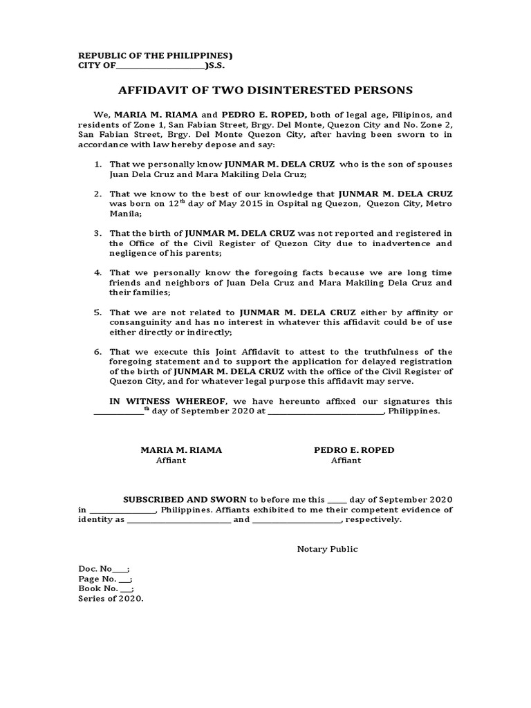 1 Affidavit of Two Disinterested Persons For Late Registration of Birth
