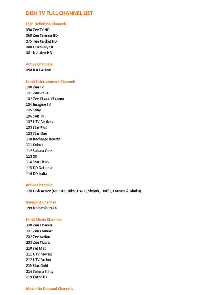 Dish TV Full Channel List: High Definition Channels | PDF 