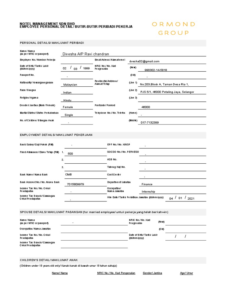 Notel MGT Personal Particulars Form 2021 | PDF | Business