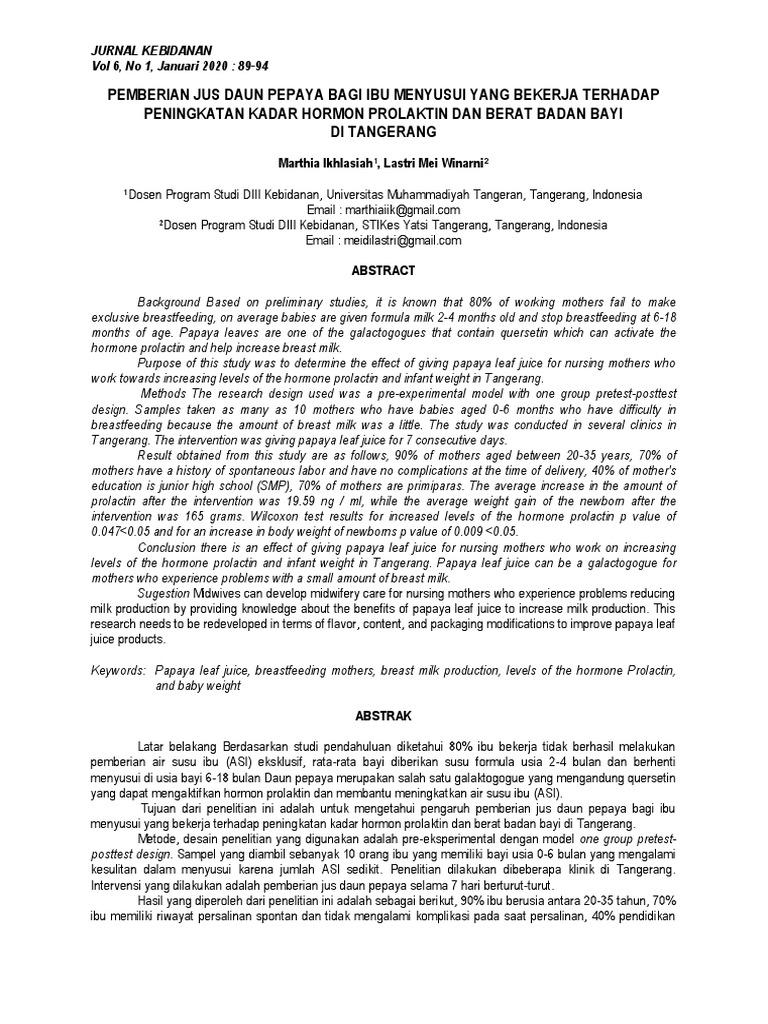 The Effect of Giving Papaya Leaf Juice for Working Breastfeeding