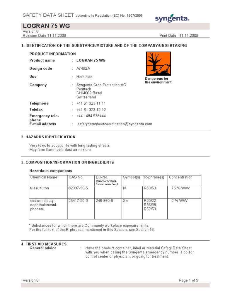 Logran 75 WG: Safety Data Sheet | PDF | Personal Protective Equipment ...