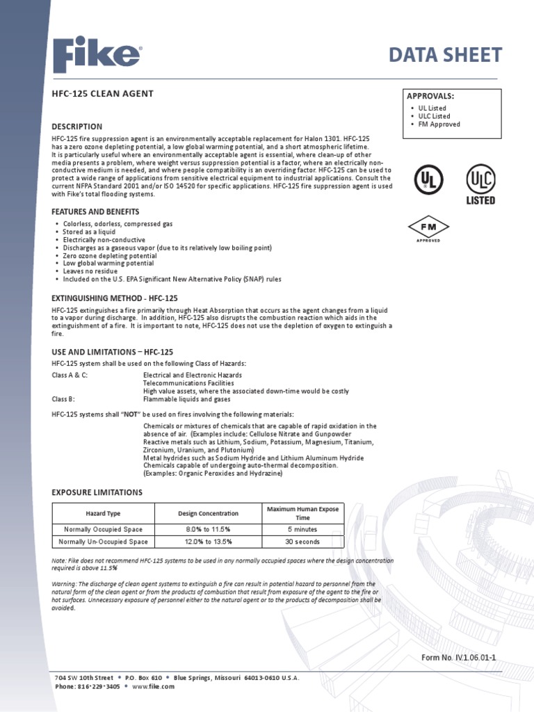 Data Sheet: Hfc-125 Clean Agent | PDF | Fires | Liquids