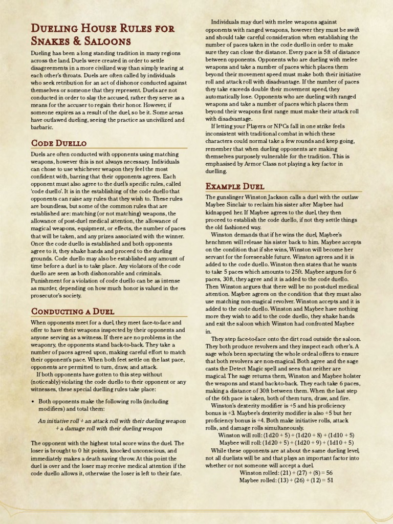 Dueling (5e) House Rules For Snakes & Saloons PDF Copyright Duel