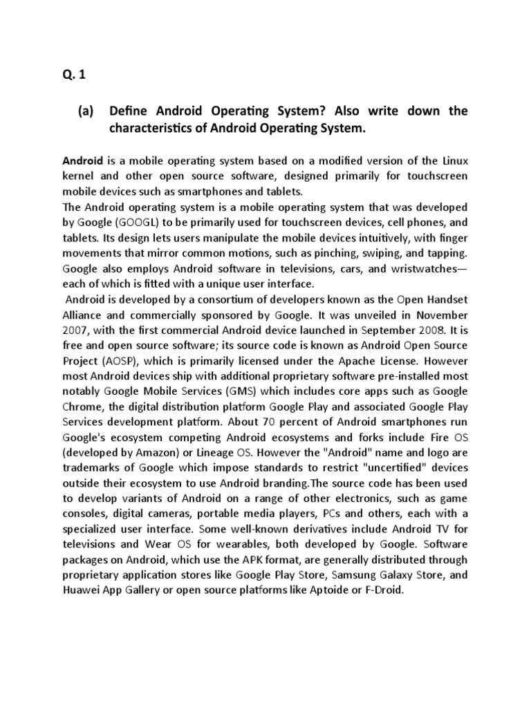 Q. 1 (A) Define Android Operating System? Also Write Down The ...