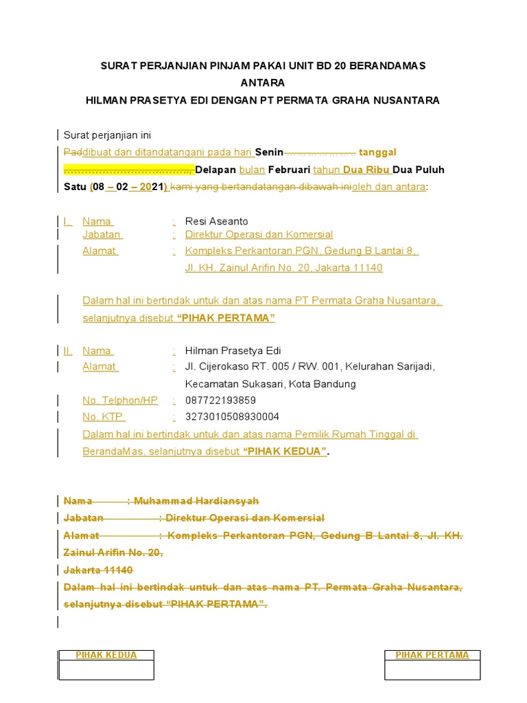 Perjanjian Pinjam Pakai Ruko BD 20 | PDF