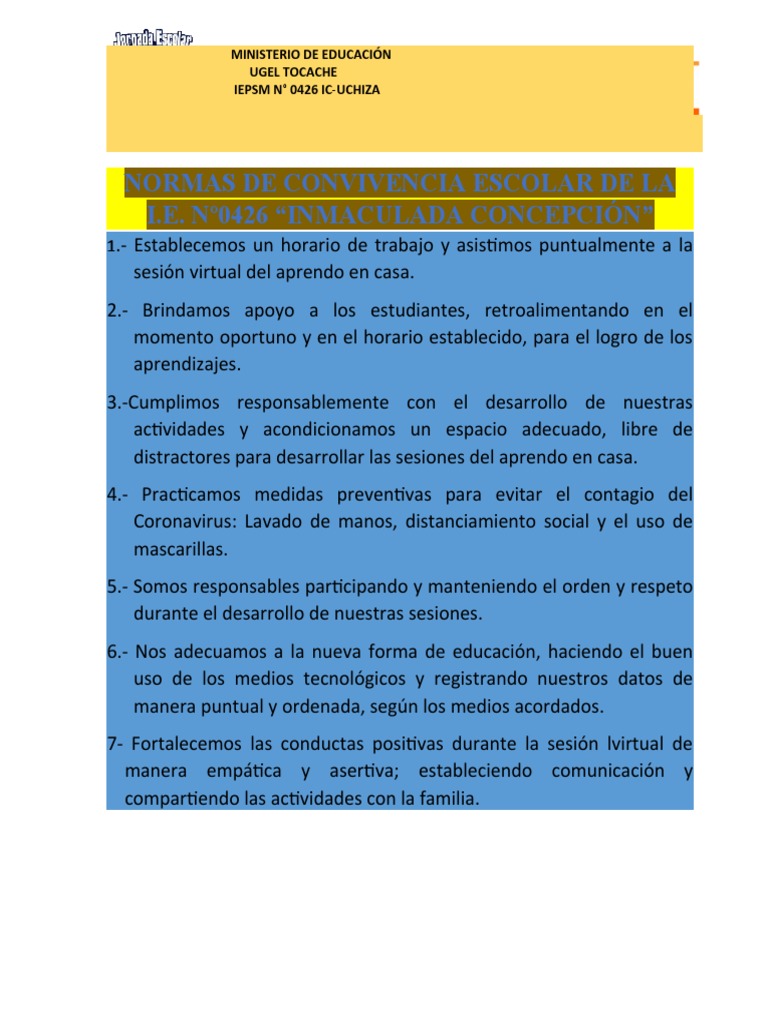 Normas de Convivencia Escolar 0426 | PDF | Crecimiento personal y ...