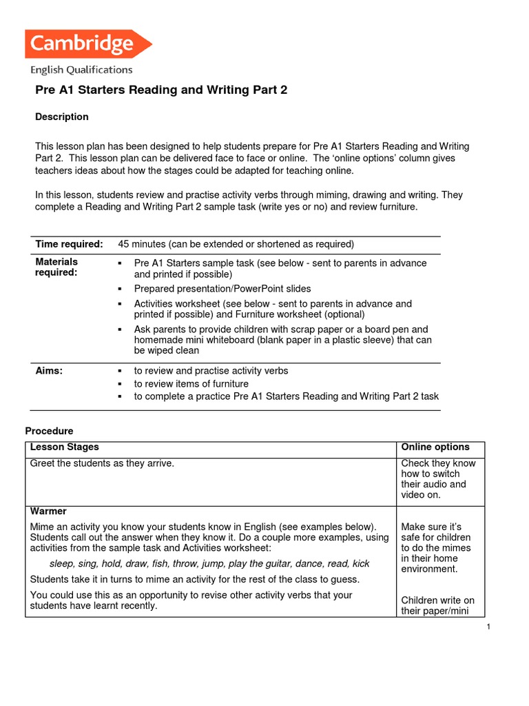 Pre A1 Starters Reading and Writing Part 2: Description | PDF ...