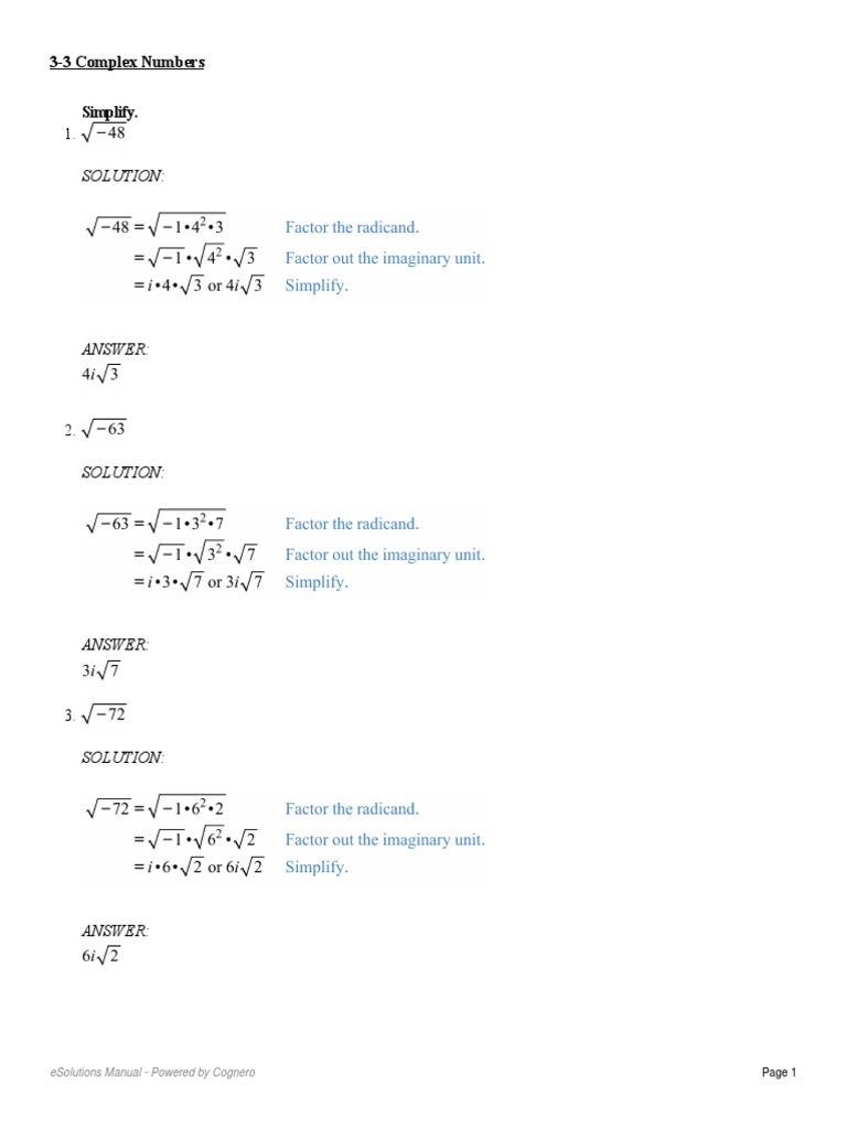 Complex Numbers Practice Solutions | PDF
