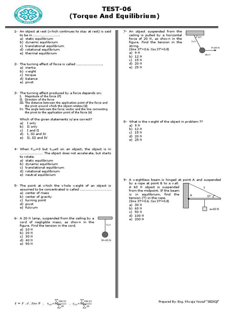 Torque and Equilibrium Test Questions | PDF | Torque | Force