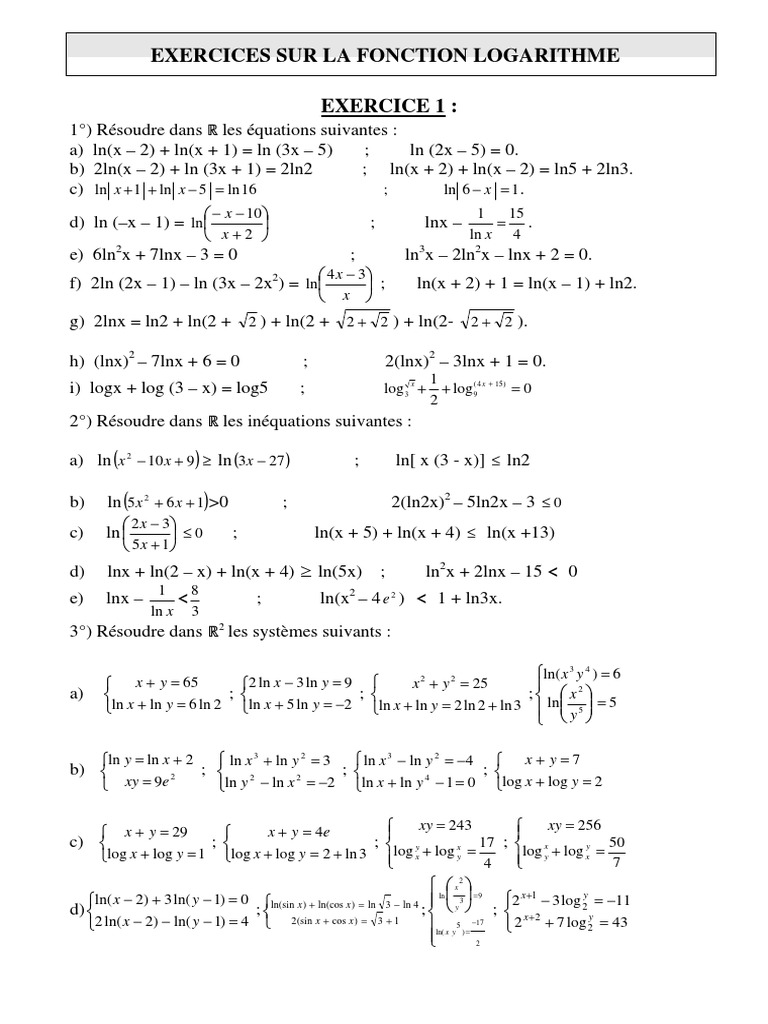 Etude De Fonction Logarithme Exercice Corrigé Pdf Bouzouraa Chaouki: Exercices Sur La Fonction Logarithme | PDF | Fonction  (Mathématiques) | Intégral
