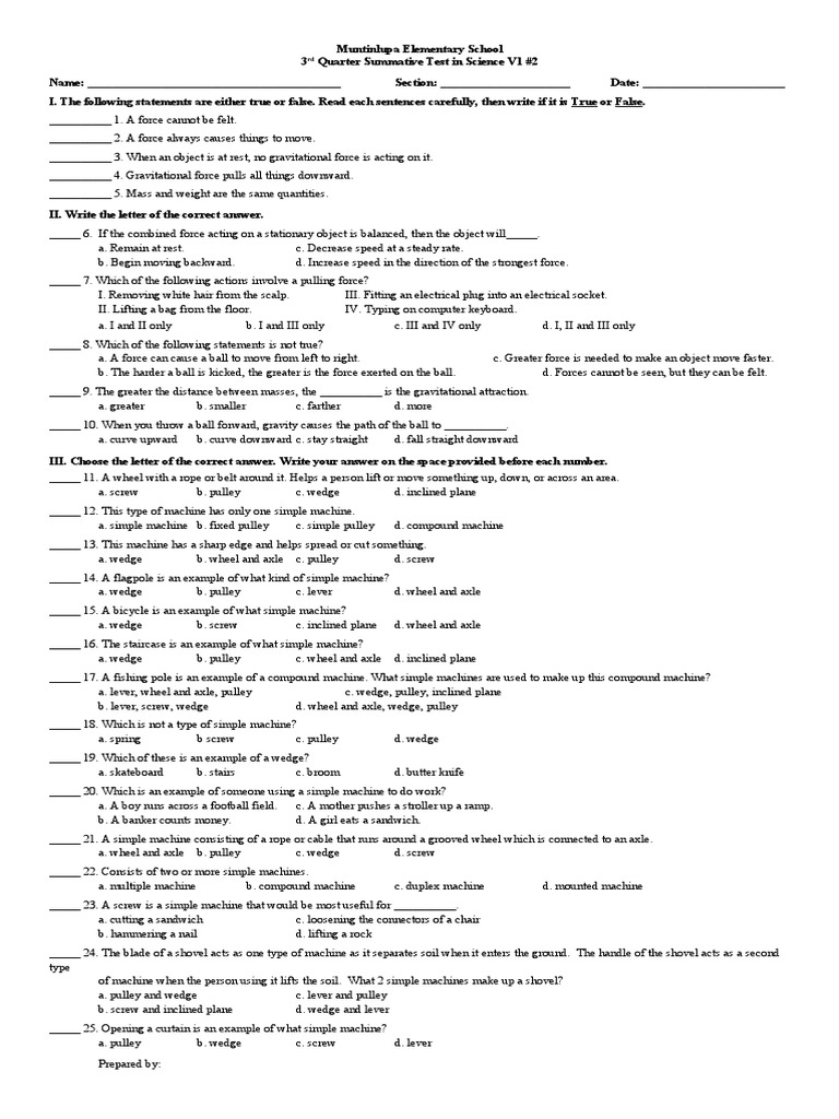 3rd Quarter Science Summative Test | PDF | Force | Machines