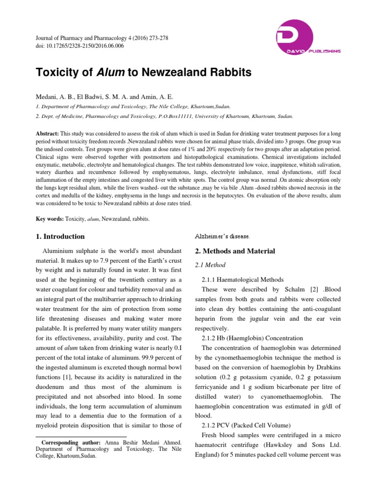 Toxicity of Alum To Newzealand Rabbits | PDF