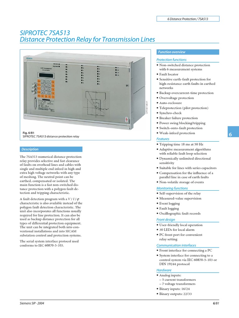 SIPROTEC 7SA513 Distance Protection Relay For Transmission Lines PDF