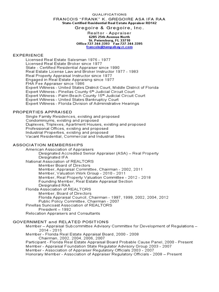 Francois Gregoire Appraisal Qualifications PDF Real Estate