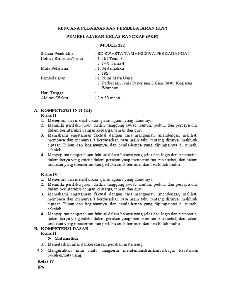 RPP Kelas Rangkap Model 222 Kelas 4 dan 5 | PDF | Karier & Perkembangan