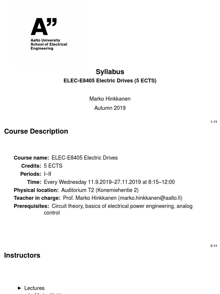 Syllabus ELECE8405 Electric Drives (5 ECTS) PDF Electric Motor