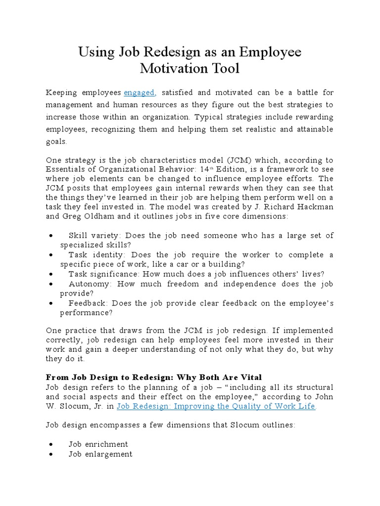 Using Job Redesign As An Employee Motivation Tool Article PDF