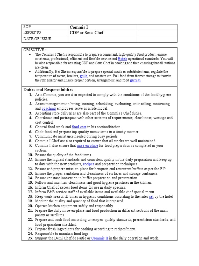 Job Description Commis I PDF Chef Kitchen